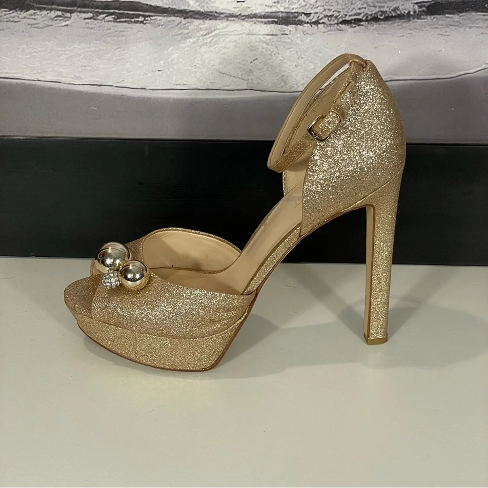 Nine West Gold Glitter Open Toe Platform Stiletto Ankle Strap Heel Shoe Sz 9